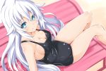  1girl absurdres bare_shoulders black_heart black_swimsuit blue_eyes blush breasts cleavage eyebrows_visible_through_hair highres iwasi-r long_hair looking_at_viewer medium_breasts neptune_(series) one-piece_swimsuit sitting solo swimsuit symbol-shaped_pupils very_long_hair white_hair 