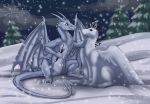  artwork_(digital) commission_art cute_face digital_drawing_(artwork) digital_media_(artwork) dragon duo feral friends male night paws playing scale scalie smile snow snowfall snowman sunny_way western_dragon wings winter 