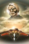  1boy ace_combat ace_combat_7 aircraft airplane beard blue_eyes cloud cloudy_sky commentary english_commentary facial_hair fighter_jet highres jet lens_flare male_focus mihaly_a_shilage military military_vehicle old_man primogenitor34 sky su-30 sun vector_art white_hair x-02s_strike_wyvern 