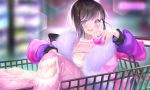  1girl :d aqua_hair black_hair blue_nails blurry blurry_background blush breasts cleavage english_commentary indoors jacket long_sleeves multicolored_hair open_mouth original pants pink_jacket pink_pants purple_eyes shopping_cart sitting smile solo streaked_hair two-tone_hair uosaasou 