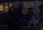  3girls absurdres arm_support artoria_pendragon_(all) black_gloves blonde_hair braid breasts cleavage clenched_hands crossed_legs fate/grand_order fate_(series) french_braid gloves green_eyes hair_between_eyes highres jewelry mordred_(fate)_(all) morgan_le_fay_(fate) multiple_girls multiple_views necklace necktie platinum_blonde_hair saber seatbelt sweat yorukun younger 