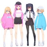  4girls :d absurdres alternate_costume bare_legs baseball_cap black_footwear black_hair black_legwear black_neckwear black_shorts black_skirt blue_eyes blush boots brown_hair buran_buta casual choujigen_game_neptune_mk2 cross-laced_footwear expressionless full_body hair_between_eyes hand_on_hip hands_in_pockets happy hat highres jacket knee_boots legs long_hair looking_at_viewer multiple_girls necktie nepgear neptune_(series) off_shoulder open_clothes open_jacket open_mouth oversized_clothes pantyhose pink_hair pink_hoodie pink_jacket purple_eyes purple_hair ram_(neptune_series) red_eyes rom_(neptune_series) shirt short_hair short_shorts shorts siblings simple_background sisters skirt smile staring twins two_side_up uni_(neptune_series) very_long_hair very_long_sleeves white_background white_footwear white_legwear white_shirt 
