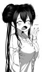  1girl bangs between_fingers breasts double_bun facing_viewer fang from_side greyscale hair_between_eyes hand_to_own_mouth highres large_breasts long_hair messy_hair monochrome nail_polish open_mouth pokemon pokemon_(game) pokemon_bw2 rosa_(pokemon) sidelocks simple_background sleepy sleeves_past_wrists solo sweater tears torieto twintails upper_body white_background yawning 