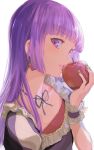  1girl absurdres after_(artist) aikatsu! aikatsu!_(series) apple bangs blunt_bangs blush collarbone earrings eyebrows_visible_through_hair fingernails food frills fruit highres hikami_sumire holding holding_food holding_fruit jewelry long_hair looking_at_viewer parted_lips purple_eyes purple_hair simple_background single_earring sketch solo sunrise_(company) upper_body white_background 