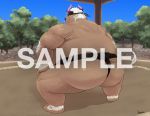  2020 anthro belly bovid bovine brown_body brown_fur butt cattle detailed_background distracting_watermark fur iwano kemono male mammal obese obese_anthro obese_male outside overweight overweight_anthro overweight_male sample shennong solo sumo tokyo_afterschool_summoners video_games watermark 