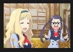  2girls :d black_border blonde_hair border closed_eyes cosplay darling_in_the_franxx emphasis_lines eyebrows_visible_through_hair fang glasses ikuno_(darling_in_the_franxx) ikuno_(darling_in_the_franxx)_(cosplay) inuyama_aoi kokoro_(darling_in_the_franxx) kokoro_(darling_in_the_franxx)_(cosplay) long_hair multiple_girls oogaki_chiaki open_mouth parody purple_hair season_connection skin_fang smile thick_eyebrows twintails ueyama_michirou uniform yurucamp 