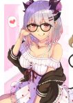  1girl :p alternate_costume alternate_hairstyle bespectacled blurry blurry_background blush breasts casual cleavage collarbone commentary_request double_bun glasses hair_ornament hairclip heart highres honey_strap jewelry looking_at_viewer nanamagaru necklace red_eyes silver_hair solo spoken_heart suou_patra tongue tongue_out virtual_youtuber 