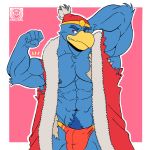  2020 abs absurd_res anthro avian bird blue_body blue_feathers blue_nipples bulge clothed clothing feathers flexing_bicep hand_behind_head hat headgear headwear hi_res king_dedede kirby_(series) male muscular muscular_anthro muscular_male nintendo nipples partially_clothed pecs penguin punksterne red_eyes robe simple_background smaller_version_at_source smile solo speedo standing swimwear torn_clothing video_games 
