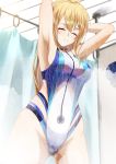  1girl absurdres ahoge armpits arms_behind_head arms_up artoria_pendragon_(all) bangs bare_shoulders blonde_hair blue_swimsuit blush breasts closed_eyes closed_mouth cosplay fate/grand_order fate_(series) highleg highleg_swimsuit highres large_breasts li_zhu long_hair mysterious_heroine_xx_(foreigner) one-piece_swimsuit showering swimsuit thighs tomoe_gozen_(fate/grand_order) tomoe_gozen_(swimsuit_saber)_(fate) tomoe_gozen_(swimsuit_saber)_(fate)_(cosplay) two-tone_swimsuit wet white_swimsuit 