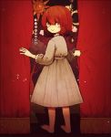  1girl barefoot blush bob_cut closed_mouth curtains dot_nose dress from_behind grey_dress highres ka_(marukogedago) looking_at_viewer looking_back medium_hair original red_eyes red_hair red_theme smile solo standing 