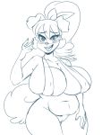  anthro big_breasts blue_and_white bottomless breasts canid canine clothed clothing female huge_breasts kibbles_(uberquest) mammal monochrome phuufy slightly_chubby solo uberquest webcomic 