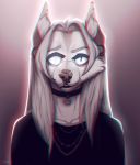  anthro canid canine catherinemeow clothed clothing female fur hair heterochromia hi_res mammal open_mouth open_smile simple_background smile solo teeth white_body white_fur white_hair 