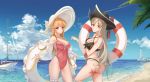  2girls absurdres aircraft artist_name ass ass_visible_through_thighs azur_lane backless_swimsuit bikini blue_sky boat breasts brown_bikini brown_hair cleavage cloud criss-cross_halter frilled_swimsuit frills halterneck hat highleg highleg_bikini highleg_swimsuit highres innertube jean_bart_(azur_lane) jean_bart_(secret_afternoon)_(azur_lane) large_breasts lighthouse long_hair looking_at_viewer micro_shorts multiple_girls one-piece_swimsuit orange_hair palm_leaf pink_eyes pink_swimsuit pirate_hat richelieu_(azur_lane) richelieu_(flagship_in_the_sea_breeze)_(azur_lane) see-through_sleeves shorts side-tie_swimsuit sky starfish sun_hat swimsuit thigh_strap veeluna very_long_hair water watercraft white_headwear white_innertube 