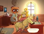  2020 absurd_res accessory animal_crossing anthro balls beverage big_balls big_penis biped blush blush_stickers bodily_fluids bottomwear breasts brown_body brown_clothing brown_footwear brown_fur bulge canid canine canis chair clothed clothing coffee covering covering_crotch covering_self cup desk detailed_background digital_media_(artwork) domestic_dog duo english_text eyebrows eyes_closed floral_shirt footwear fur furniture genitals grey_bottomwear grey_clothing grey_shorts grey_skirt gynomorph hair hair_accessory hair_bell hi_res holding_cup holding_object humanoid_genitalia humanoid_penis inside intersex isabelle_(animal_crossing) kettle male mammal nintendo no_underwear office open_mouth penis phone pink_clothing pink_shirt pink_topwear plant potted_plant presenting presenting_penis raccoon_dog raised_clothing raised_leg raised_skirt shih_tzu shirt shoes shorts signature sitting sitting_on_chair skirt speech_bubble spread_legs spreading standing starykrow steam sweat tanuki teeth text thick_eyebrows thick_thighs tom_nook_(animal_crossing) topwear toy_dog vein veiny_penis video_games window yellow_body yellow_fur 