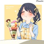  1girl bangs bird black_hair blue_shirt blush closed_eyes closed_mouth commentary dress eating food food_on_face fruit fukumaru_koito hair_ribbon holding holding_spoon ice_cream idolmaster idolmaster_shiny_colors kiwi melon parfait plaid plaid_dress pocky ribbon shirt sitting smile solo spoon strawberry torinabe twintails upper_body yellow_ribbon 