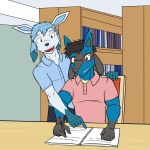  1:1 anthro anthrofied clothed clothing dress_shirt duo eeveelution eyewear fully_clothed fuze glaceon glasses hi_res library lucario male nintendo pok&eacute;mon pok&eacute;mon_(species) polo_shirt shirt sitting standing studying topwear video_games writing_text 