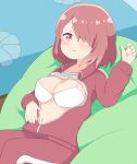  1girl bean_bag_chair blush bra breasts brown_eyes brown_hair commentary_request cushion embarrassed hair_over_one_eye highres hoshino_miyako_(wataten) jacket large_breasts long_sleeves looking_at_viewer lying mitsukiro navel on_back open_clothes open_jacket pants reclining red_jacket red_pants shirt shirt_lift short_hair solo track_jacket track_pants track_suit underwear watashi_ni_tenshi_ga_maiorita! wavy_mouth 