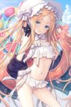  1girl abigail_williams_(fate/grand_order) abigail_williams_(swimsuit_foreigner)_(fate) bangs bare_shoulders bikini black_cat black_jacket blonde_hair blue_eyes blue_sky blush bonnet bow breasts cat fate/grand_order fate_(series) forehead hagino_kouta hair_bow highres innertube jacket long_hair looking_at_viewer miniskirt navel off_shoulder open_clothes open_jacket parted_bangs sidelocks skirt sky small_breasts smile swimsuit thighs twintails very_long_hair white_bikini white_bow white_headwear 