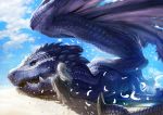  1girl bird blue_sky cloud cloudy_sky day dragon facing_away feathers from_behind grey_hair highres long_hair original outdoors rags sand sky solo teru_sakura torn_clothes 