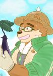  2020 29_da2 anthro blush brown_body brown_fur clothing eggplant eyewear food fruit fur glasses gloves handwear hat headgear headwear hi_res humanoid_hands kemono male mammal plant solo straw_hat tokyo_afterschool_summoners ursid video_games volos 