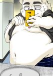  2020 another11x2 anthro belly bodily_fluids bottomwear cellphone clothing fur hi_res humanoid_hands kemono male mammal moobs navel nipples obese obese_anthro obese_male overweight overweight_anthro overweight_male pants phone polar_bear shirt smartphone solo sweat topwear ursid ursine white_body white_fur 