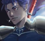  1boy armor blue_hair cu_chulainn_(fate)_(all) earrings fate_(series) jewelry lips long_hair looking_ahead monna_shi ponytail red_eyes shoulder_armor solo 