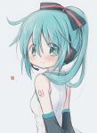 1girl alternate_hair_ornament alternate_hairstyle arms_behind_back bare_shoulders black_ribbon blue_eyes blue_hair blush breasts closed_mouth detached_sleeves dot_nose eyebrows_visible_through_hair eyes_visible_through_hair facing_viewer grey_background hair_over_shoulder hair_ribbon happy hatsune_miku headset heart high_ponytail highres hitode looking_away looking_down microphone number_tattoo ponytail ribbon shirt shoulder_tattoo shy sideboob sidelocks simple_background sleeveless sleeveless_shirt small_breasts smile solo striped striped_ribbon tareme tattoo upper_body vocaloid white_shirt 