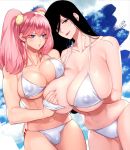  2girls bikini black_hair breast_grab breast_press breasts bulge grabbing hair_ornament huge_breasts long_hair mature mole mole_on_breast mole_under_mouth multiple_girls newhalf original pink_hair rototika swimsuit twintails 