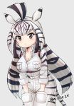  1girl animal_ears animal_print black_hair blush chapman&#039;s_zebra_(kemono_friends) collared_shirt cowboy_shot eyebrows_visible_through_hair grey_eyes hands_in_pockets kemono_friends khakis long_hair long_sleeves looking_at_viewer multicolored_hair nyifu shirt shorts sidelocks sleeves_rolled_up solo white_hair white_shirt white_shorts zebra_ears zebra_girl zebra_print zebra_tail 