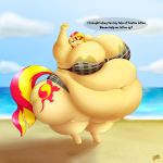  09hankris 1:1 2020 absurd_res anthro areola areola_slip belly clothing cutie_mark deep_navel dialogue digital_media_(artwork) english_text equestria_girls equid equine female hasbro hi_res horn looking_at_viewer mammal morbidly_obese morbidly_obese_anthro morbidly_obese_female my_little_pony navel obese obese_anthro obese_female outside overweight overweight_anthro overweight_female seaside solo sunset_shimmer_(eg) text unicorn 
