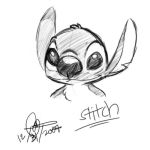  1:1 2007 alien bust_portrait chest_tuft disney experiment_(lilo_and_stitch) greyscale head_tuft lilo_and_stitch looking_at_viewer low_res monochrome notched_ear portrait signature simple_background sketch smile solo stitch_(lilo_and_stitch) text thex-plotion tuft white_background 