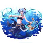  1girl alternate_costume animal_ears blue_eyes blue_hair breasts cleavage crown earrings eyebrows_visible_through_hair groin harp head_fins highres hololive hoshimachi_suisei instrument jewelry mermaid mikannsisyou monster_girl monsterification musical_note navel open_mouth side_ponytail solo teeth tongue treble_clef virtual_youtuber 