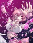  1girl animal_ears arms_up broken buruma cat_girl cracked_skin crop_top crystal death elbow_gloves extra_ears eyebrows_visible_through_hair gloves hair_between_eyes half-closed_eyes hand_to_own_mouth highres kemono_friends looking_to_the_side multicolored_hair panther_ears parted_lips peach_panther_(kemono_friends) pink_hair saja_(166j357) short_hair smile solo stomach torn_clothes two-tone_hair white_hair yellow_eyes 