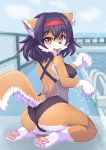 5_toes agura_(pixiv) anthro breasts butt canid canine canis clothed clothing domestic_dog female fur gloves_(marking) grey_clothing grey_swimwear hair inner_ear_fluff kemono leg_markings mammal markings one-piece_swimsuit open_mouth pawpads socks_(marking) swimming_pool swimwear teeth toes tongue tuft 
