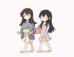  3girls ashigara_(kantai_collection) barefoot black_hair closed_eyes commentary_request dress full_body grey_background grey_hair kantai_collection kasumi_(kantai_collection) lifting long_hair messy_hair multiple_girls ooyodo_(kantai_collection) otoufu robe simple_background sleepwear smile 