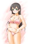  1girl agano_(kantai_collection) akimoto_dai belly_grab black_hair bra breasts cleavage collarbone commentary_request cowboy_shot green_eyes highres kantai_collection long_hair medium_breasts panties pink_bra pink_panties plump solo underwear underwear_only weight_conscious 