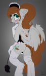  airfly-pony anthro blush brown_hair brown_tail clothing cutie_mark equid equine fan_character feathered_wings feathers female fur gloves green_eyes grey_background grey_body grey_feathers grey_fur grey_wings hair handwear hasbro hi_res inner_ear_fluff legwear looking_back maid_uniform mammal my_little_pony open_mouth pegasus scarlett_drop signature simple_background solo text thigh_highs tuft unguligrade_anthro uniform wings 