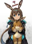  1girl ? ahoge amiya_(arknights) animal_ears arknights bangs black_jacket blue_eyes brown_hair bunny_ears doll doll_hug eyebrows_visible_through_hair hair_between_eyes highres hood hood_down hooded_jacket jacket long_hair long_sleeves looking_at_viewer solo stuffed_animal stuffed_donkey stuffed_toy unnyori upper_body 