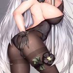  1girl ass azur_lane backless_leotard between_breasts breasts cleavage hand_on_own_ass kl501 large_breasts long_hair money pantyhose prinz_eugen_(azur_lane) silver_hair solo stripper_pole thigh_strap thighband_pantyhose very_long_hair 