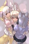  3girls :3 :d animal_ear_fluff animal_ears bangs black_hair black_skirt blonde_hair bow bowtie brown_eyes commentary_request common_raccoon_(kemono_friends) extra_ears eyebrows_visible_through_hair fennec_(kemono_friends) fox_ears fox_tail fur_collar girl_sandwich gloves grey_hair hair_between_eyes hand_on_another&#039;s_waist hug kemono_friends multicolored_hair multiple_girls open_mouth puffy_short_sleeves puffy_sleeves raccoon_ears raccoon_tail sandwiched serval_(kemono_friends) serval_ears serval_tail short_hair short_sleeves skirt smile tadano_magu tail thighhighs two-tone_hair white_hair white_skirt yellow_eyes yellow_legwear yellow_neckwear 