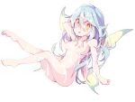  1girl :o arm_up breasts butterfly_wings completely_nude cum cum_on_body cum_on_breasts cum_on_hair cum_on_legs cum_on_stomach facial fairy frfr full_body hair_between_eyes highres light_blue_hair light_blush long_hair looking_at_viewer medium_breasts navel nipples nude open_mouth orange_eyes original simple_background solo white_background wings 