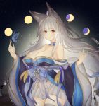  1girl animal_ear_fluff animal_ears azur_lane bare_shoulders blue_butterfly blue_kimono breasts cleavage eyebrows_visible_through_hair highres japanese_clothes kimono large_breasts long_hair moon off-shoulder_kimono pleated_skirt red_eyes shinano_(azur_lane) skirt solo thighhighs very_long_hair white_hair white_legwear white_skirt wide_sleeves yononaka 