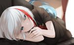  1girl admiral_graf_spee_(azur_lane) admiral_graf_spee_(maiden&#039;s_sunday)_(azur_lane) azur_lane bangs black_dress black_legwear blue_eyes blurry blush breasts commentary_request couch curtains depth_of_field dress eyebrows_visible_through_hair fish_tail full_body head_rest indoors iron_cross looking_at_viewer lying medal medium_breasts multicolored_hair necktie on_side pantyhose red_hair red_neckwear shark_tail short_hair short_necktie short_sleeves sidelocks silver_hair smile solo streaked_hair tail window yamada_maya_(user_xmvn3833) 