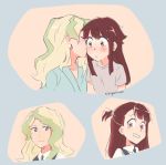  2girls alternate_costume blonde_hair blue_background blue_eyes blush brown_hair couple diana_cavendish happy kagari_atsuko kaiyamon kiss little_witch_academia long_hair looking_at_another multicolored_hair multiple_girls red_eyes simple_background sleepwear smile surprised two-tone_hair wavy_hair yuri 