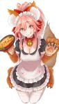  1girl animal_ear_fluff animal_ears apron artist_request bell bell_collar breasts cat_paws cleavage collar eyebrows_visible_through_hair fangs fate/grand_order fate_(series) food fox_ears fox_girl fox_tail gloves hair_ribbon highres jingle_bell large_breasts long_hair looking_at_viewer omelet paw_gloves paw_shoes paws pink_hair ponytail red_ribbon ribbon shoes simple_background solo tail tamamo_(fate)_(all) tamamo_cat_(fate) white_background white_legwear yellow_eyes 