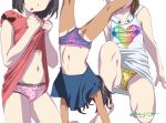  3girls black_hair brown_hair clothes_writing dress dress_lift handstand lifted_by_self long_hair mole multiple_girls navel original panties patterned_clothing short_hair signature sleeveless sushoyushi tan tanline underwear white_background 