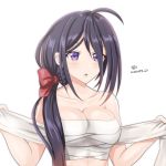  1girl ahoge ariake_(kantai_collection) bangs bare_shoulders black_hair breasts cleavage dated hair_over_one_eye hair_over_shoulder kantai_collection long_hair low_ponytail medium_breasts purple_eyes sarashi signature simple_background solo tk8d32 upper_body white_background 