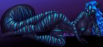  2020 anthro big_breasts blue_hair blue_nipples blue_pussy bourbon._(artist) breasts female genitals gradient_background green_eyes hair hi_res huge_breasts lounging mammal nipples nude painted_claws pinup plantigrade pose pussy simple_background solo species_request stripes watermark wavy_hair 