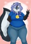 2020 5_fingers anthro big_breasts black_body black_ears black_fur black_nose black_tail blue_clothing blue_eyes blue_hair blush bottomwear breasts clothed clothing digital_media_(artwork) digital_painting_(artwork) eyewear female fingers fluffy fluffy_tail fully_clothed fur gesture glasses gradient_background hair hand_behind_back jeans looking_at_viewer maikeru mammal mephitid multicolored_body multicolored_fur pants portrait purple_clothing scarf shirt simple_background skunk slightly_chubby smile sofia_(maikeru) solo standing three-quarter_portrait topwear two_tone_body two_tone_fur two_tone_tail v_sign white_body white_fur white_inner_ear white_tail 