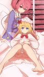 2girls :o absurdres arm_support blonde_hair bloomers blouse blue_eyes body_pillow bookshelf bow bowtie capelet commentary_request dress eyeball fairy_wings foot_out_of_frame frilled_shirt_collar frilled_sleeves frills hairband hat hat_bow highres knees_together_feet_apart komeiji_satori lily_white long_hair long_sleeves looking_at_viewer multiple_girls on_bed on_lap pillow pink_hair red_bow red_eyes red_neckwear ribbon-trimmed_collar ribbon_trim senzaicha_kasukadoki short_hair sitting sleeves_past_wrists smile third_eye touhou transparent_wings underwear wide_sleeves wings yokozuwari 